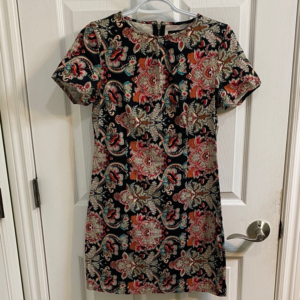 BOOHOO Paisley Black Blue Orange Print Short Sleeve Shift Dress Women’s Size 4